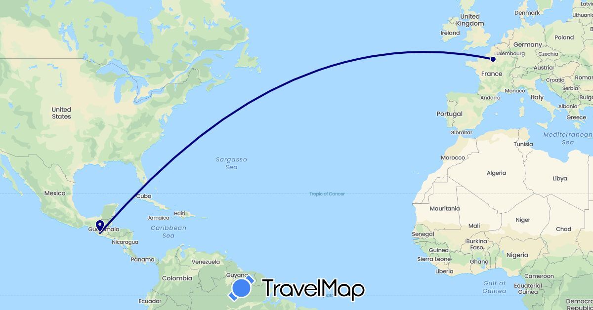 TravelMap itinerary: driving in France, Guatemala (Europe, North America)
